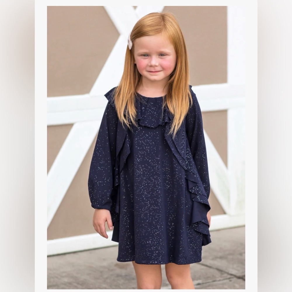 Navy Blue Kids Sparkle Isobella & Chloe Dress with Ruffle Details - size 5